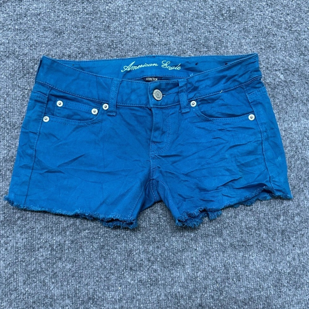 American Eagle Shorts Womens Size 0 Teal Blue Stretch Denim Raw Hem Cutoff Mini